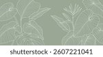 Tropical leaves background vector. Natural jungle monstera palm leaves design in minimal pale green color with contour line art. Design for fabric, print, cover, banner, decoration, wallpaper.