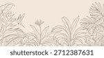 Tropical leaves background vector. Natural jungle monstera palm leaves design in minimal pale green color with contour line art. Design for fabric, print, cover, banner, decoration, wallpaper.