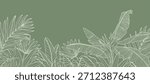 Tropical leaves background vector. Natural jungle monstera palm leaves design in minimal pale green color with contour line art. Design for fabric, print, cover, banner, decoration, wallpaper.