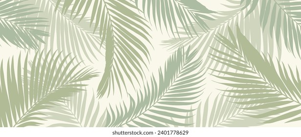 Vector de fondo de hojas tropicales. Diseño de hojas de palma de jungla natural en un color verde pálido mínimo con estilo de arte de línea de contorno. Diseño para tela, impresión, cubierta, banner, decoración, papel pintado.