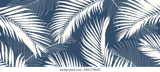 Vector de fondo de hojas tropicales. Diseño de hojas de palma de jungla natural en un color azul pálido mínimo con estilo de arte de línea de contorno. Diseño para tela, impresión, cubierta, banner, decoración, papel pintado.