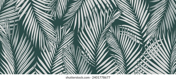Tropical leaves background vector. Natural jungle palm leaves design in minimal pale blue color with contour line art style. Design for fabric, print, cover, banner, decoration, wallpaper.