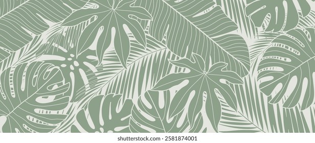 Tropical leaves background vector. Natural jungle monstera palm leaves design in minimal pale green color with contour line art. Design for fabric, print, cover, banner, decoration, wallpaper.