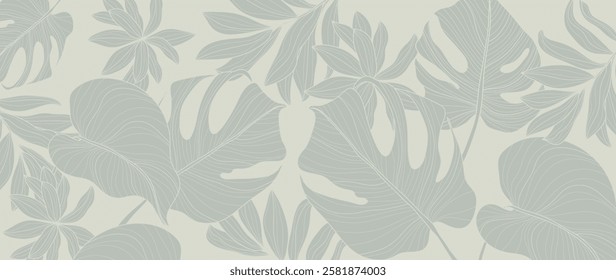 Tropical leaves background vector. Natural jungle monstera palm leaves design in minimal pale green color with contour line art. Design for fabric, print, cover, banner, decoration, wallpaper.