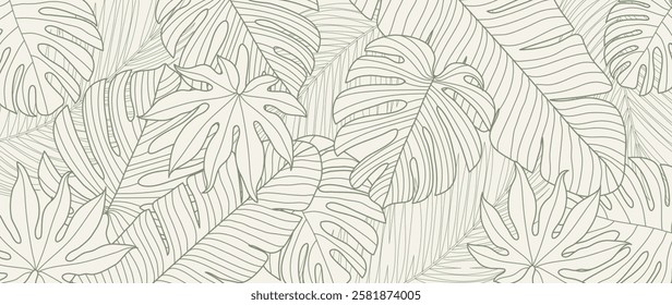 Tropical leaves background vector. Natural jungle monstera palm leaves design in minimal pale green color with contour line art. Design for fabric, print, cover, banner, decoration, wallpaper.