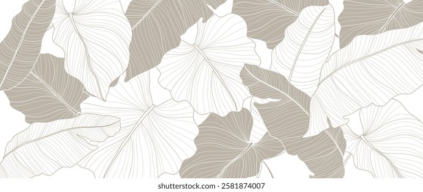 Tropical leaves background vector. Natural jungle monstera palm leaves design in minimal pale green color with contour line art. Design for fabric, print, cover, banner, decoration, wallpaper.