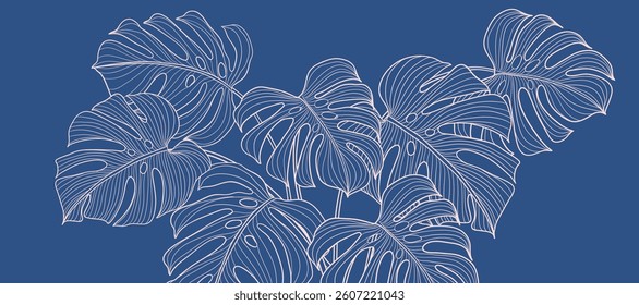 Tropical leaves background vector. Natural jungle monstera palm leaves design in minimal pale green color with contour line art. Design for fabric, print, cover, banner, decoration, wallpaper.