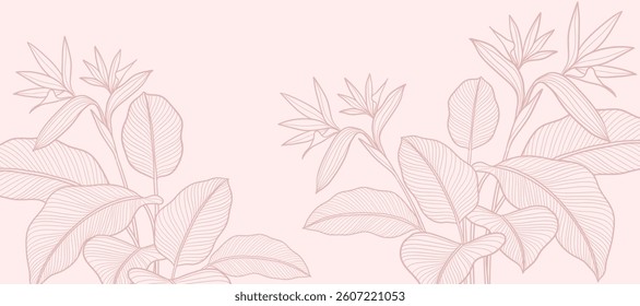 Tropical leaves background vector. Natural jungle monstera palm leaves design in minimal pale green color with contour line art. Design for fabric, print, cover, banner, decoration, wallpaper.