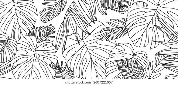 Tropical leaves background vector. Natural jungle monstera palm leaves design in minimal pale green color with contour line art. Design for fabric, print, cover, banner, decoration, wallpaper.