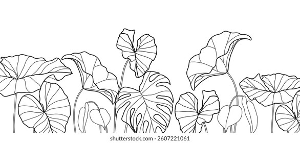 Tropical leaves background vector. Natural jungle monstera palm leaves design in minimal pale green color with contour line art. Design for fabric, print, cover, banner, decoration, wallpaper.