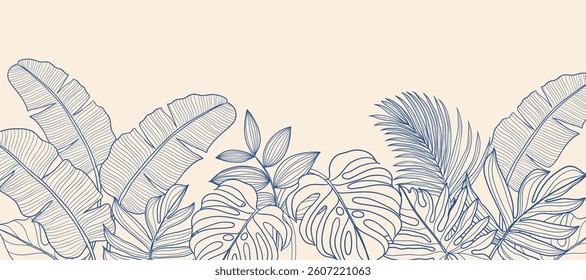 Tropical leaves background vector. Natural jungle monstera palm leaves design in minimal pale green color with contour line art. Design for fabric, print, cover, banner, decoration, wallpaper.