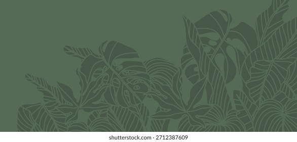 Tropical leaves background vector. Natural jungle monstera palm leaves design in minimal pale green color with contour line art. Design for fabric, print, cover, banner, decoration, wallpaper.
