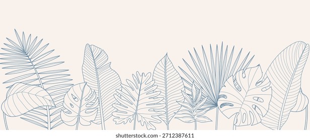 Tropical leaves background vector. Natural jungle monstera palm leaves design in minimal pale green color with contour line art. Design for fabric, print, cover, banner, decoration, wallpaper.