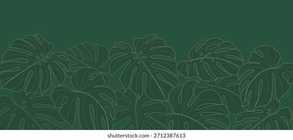 Tropical leaves background vector. Natural jungle monstera palm leaves design in minimal pale green color with contour line art. Design for fabric, print, cover, banner, decoration, wallpaper.