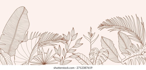 Tropical leaves background vector. Natural jungle monstera palm leaves design in minimal pale green color with contour line art. Design for fabric, print, cover, banner, decoration, wallpaper.