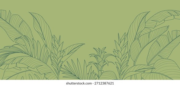 Vetor de fundo de folhas tropicais. Natural selva monstera palma folhas design em cor verde pálido mínimo com contour line art. Design para tecido, impressão, capa, banner, decoração, papel de parede.