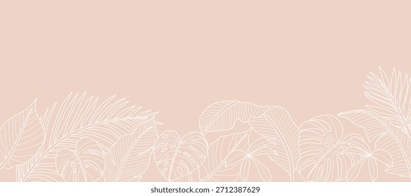 Vector de fondo de hojas tropicales. Diseño de hojas de palma monstera de selva natural en color verde pálido mínimo con arte de línea de contorno Diseño para tela, impresión, cubierta, Anuncio, decoración, Fondo de pantalla.