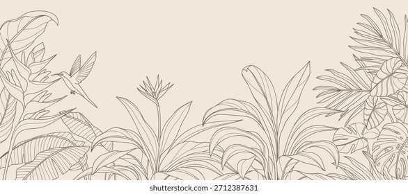 Tropical leaves background vector. Natural jungle monstera palm leaves design in minimal pale green color with contour line art. Design for fabric, print, cover, banner, decoration, wallpaper.