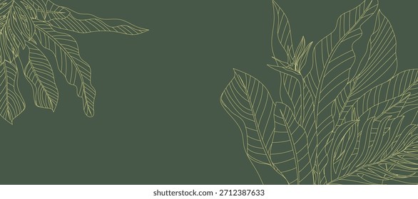 Vector de fondo de hojas tropicales. Diseño de hojas de palma monstera de selva natural en color verde pálido mínimo con arte de línea de contorno Diseño para tela, impresión, cubierta, Anuncio, decoración, Fondo de pantalla.