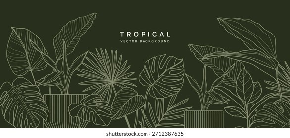 Vetor de fundo de folhas tropicais. Natural selva monstera palma folhas design em cor verde pálido mínimo com contour line art. Design para tecido, impressão, capa, banner, decoração, papel de parede.
