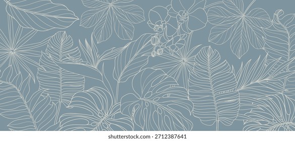 Vektor mit tropischen Blättern. Natürliche Dschungel Monstera Palmblätter Design in minimaler hellgrüner Farbe mit Kontur Linie Kunst. Design für Stoff, Druck, Abdeckung, Banner, Dekoration, Tapete.