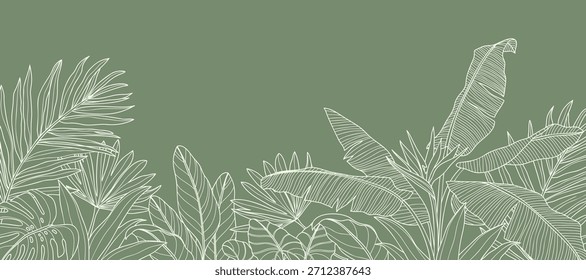 Tropical leaves background vector. Natural jungle monstera palm leaves design in minimal pale green color with contour line art. Design for fabric, print, cover, banner, decoration, wallpaper.