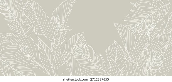 Vector de fondo de hojas tropicales. Diseño de hojas de palma monstera de selva natural en color verde pálido mínimo con arte de línea de contorno Diseño para tela, impresión, cubierta, Anuncio, decoración, Fondo de pantalla.