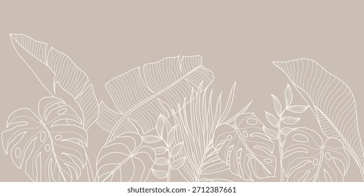 Vetor de fundo de folhas tropicais. Natural selva monstera palma folhas design em cor verde pálido mínimo com contour line art. Design para tecido, impressão, capa, banner, decoração, papel de parede.