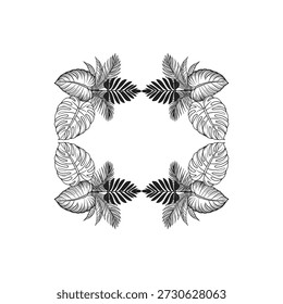Tropical leaves background vector. Natural jungle monstera palm leaves design in minimal beige color with contour blue line art. Design for fabric, print, cover, banner, decoration, wallpaper.
