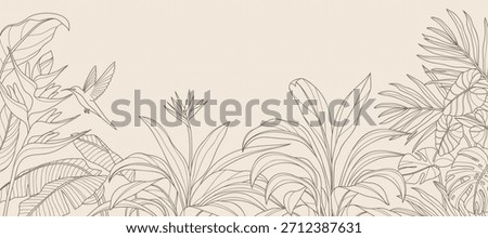 Tropical leaves background vector. Natural jungle monstera palm leaves design in minimal pale green color with contour line art. Design for fabric, print, cover, banner, decoration, wallpaper.