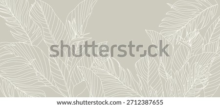 Tropical leaves background vector. Natural jungle monstera palm leaves design in minimal pale green color with contour line art. Design for fabric, print, cover, banner, decoration, wallpaper.