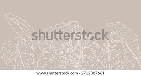 Tropical leaves background vector. Natural jungle monstera palm leaves design in minimal pale green color with contour line art. Design for fabric, print, cover, banner, decoration, wallpaper.