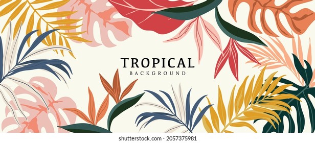 Tropical leaves background vector. Summer Sale banner design with flower and leaf. Hand drawn colorful palm leaf, monstera leaves, floral line art design for wallpaper, cover, cards and packaging.