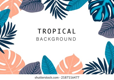 Vector de fondo de hojas tropicales. Diseño de pancartas en venta de verano con flores y hojas. Hojas de palma coloridas dibujadas a mano, hojas de monstera, diseño de líneas florales para papel de pared, cubierta, tarjetas y embalaje.