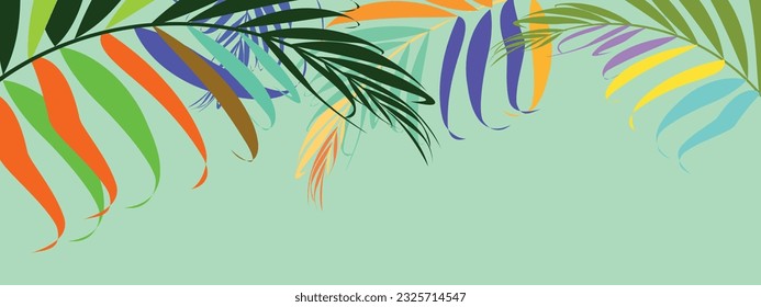 tropische Blätter, Hintergrund, Vektorgrafik. Summer Sale Banner Design mit Blume und Blatt. Handgezeichnet bunte Palmenblätter, Monsterablätter, Blumendesign für Tapeten, Decken, Karten und Verpackungen.