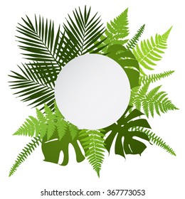 Tropical leaves background with white round banner. Palm,ferns,monsteras. Vector illustration