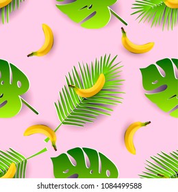 Tropical leaves and bananas seamless pattern. Paper cut style. 