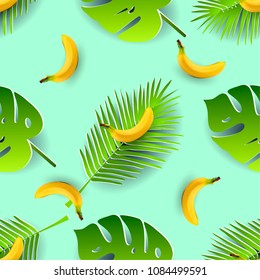 Tropical leaves and bananas seamless pattern. Paper cut style. 