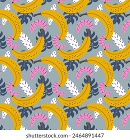 Hojas tropicales y bananas sin patrón. Brillantes hojas abstractas de monstruos de la selva y frutos rosas amarillos sobre azul. Diseño de fondo de Vector de verano para impresión, decoración, tela, tarjeta.