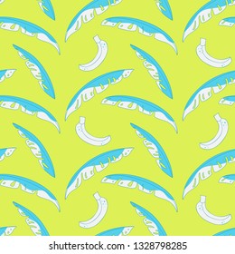 Tropical leaves and bananas, vector seamless pattern with the bright color and green background. Trends colors are a rhapsody of beauty and joy. 