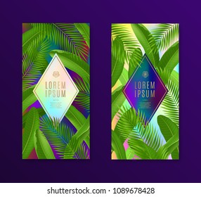 Tropical leaves banners with frame for text or message. Vector illustration. Design for flyer, voucher, coupon or brochure.