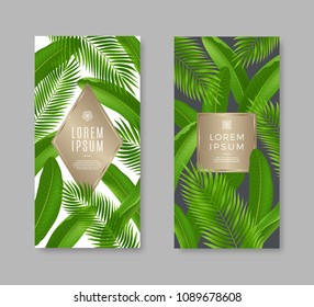 Tropical leaves banners with frame for text or message. Vector illustration. Design for flyer, voucher, coupon or brochure.