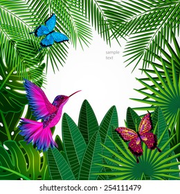 Tropical leaves with birds, butterflies. Floral design background with colibri.