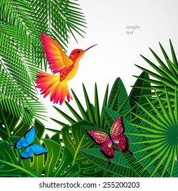 Tropical leaves with birds, butterflies. Floral design background with colibri.