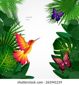 Tropical leaves with birds, butterflies. Floral design background with colibri.