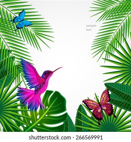 Tropical leaves with birds, butterflies. Floral design background with colibri.