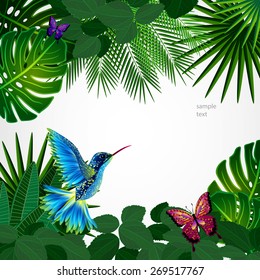 Tropical leaves with birds, butterflies. Floral design background with colibri.