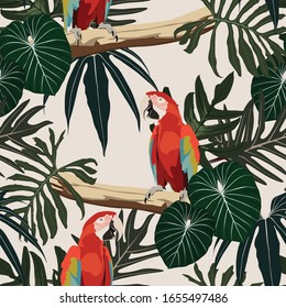 Tropical leaves, birds of paradise parrot seamless realistic vector background.