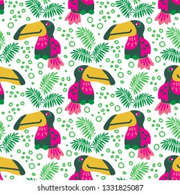 Tropical leaves and birds. Seamless pattern. Flat vector Illustration. Design element for fabric, wallpaper or gift wrap.