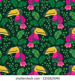 Tropical leaves and birds. Seamless pattern. Flat vector Illustration. Design element for fabric, wallpaper or gift wrap.